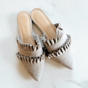 Storybook Something Blue Whimsical Silvery Suede Ruffle Trim Mules